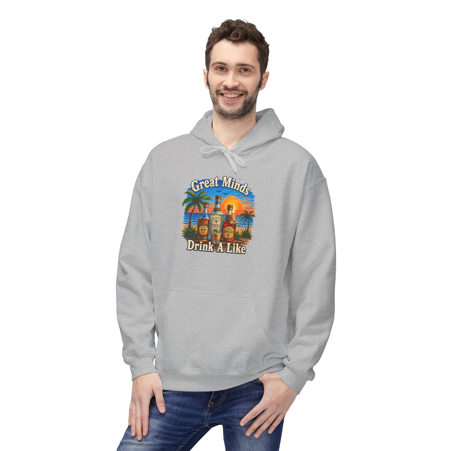Great Minds Drink Alike Hoodie — Tropical Sunset Palm Beach Graphic Sweatshirt