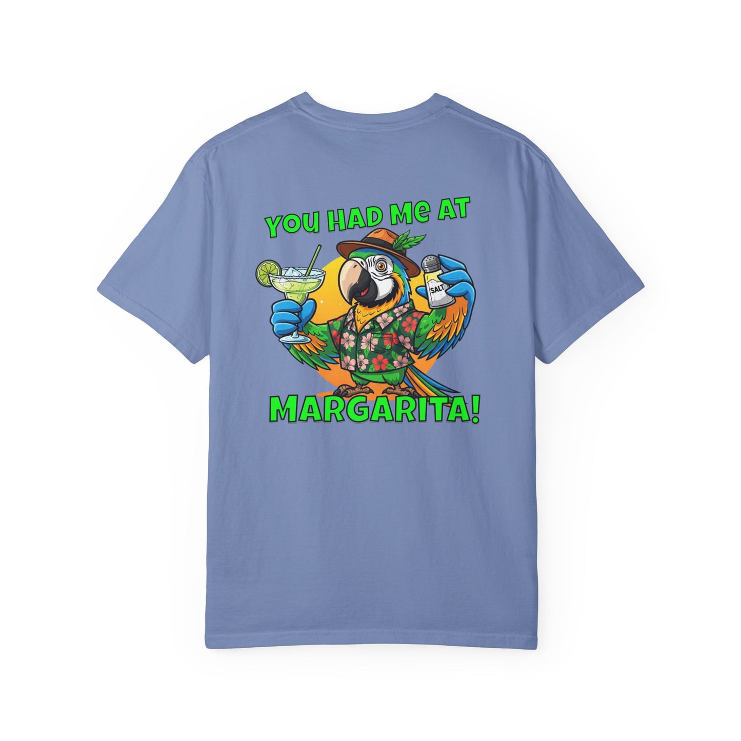 Blue t-shirt with a colorful parrot graphic and text on a white background