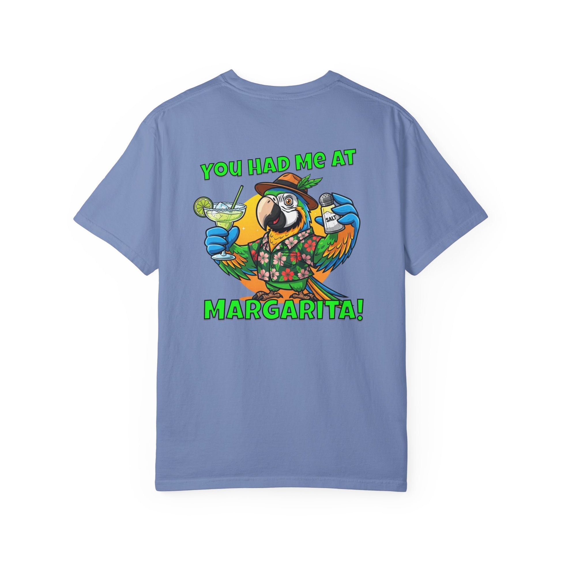 Blue t-shirt with a colorful parrot graphic and text on a white background