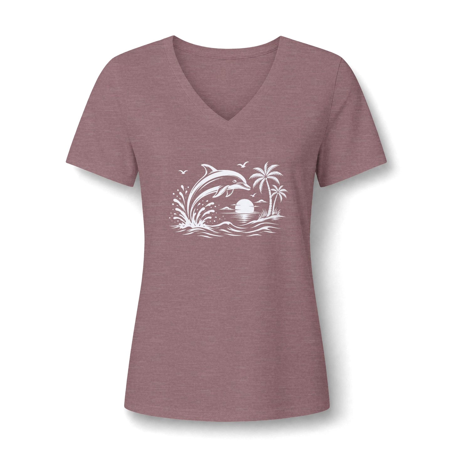 Dolphin Beach Sunset Graphic-Women’s V‑Neck Tee