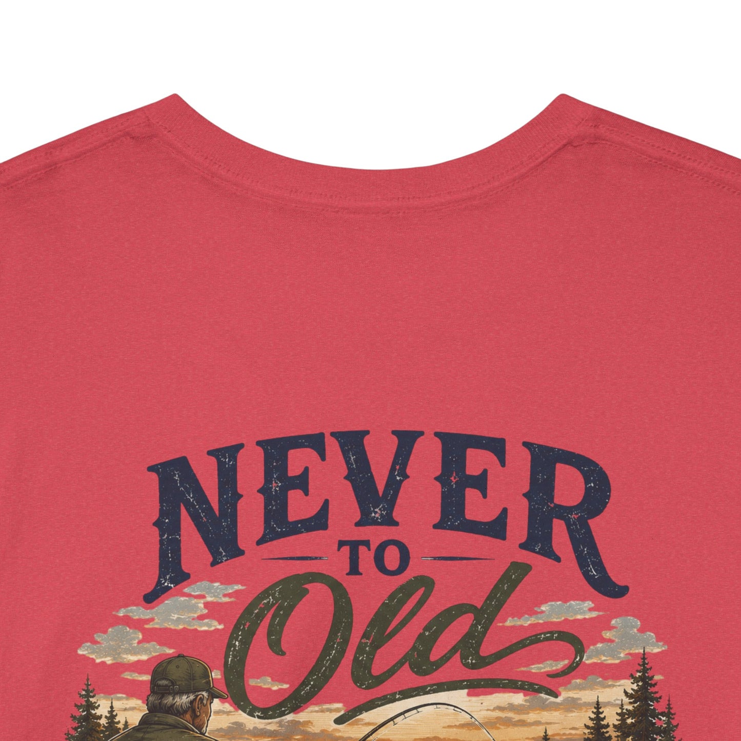 T-Shirt — "Never Too Old to Fish" Fishing Tee (Sunset Lake Design)