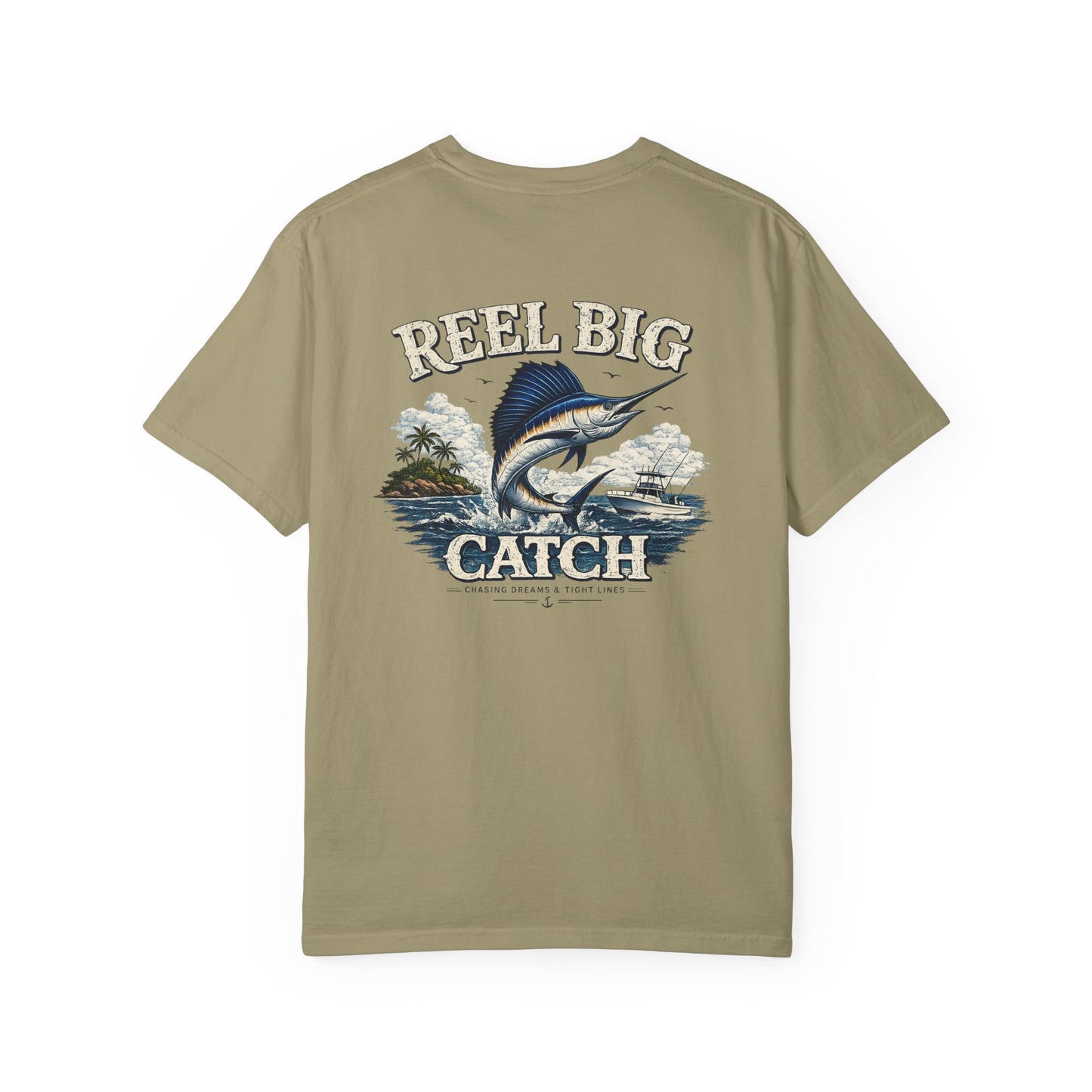 Khaki t-shirt with 'Reel Big Catch' graphic design on a white background