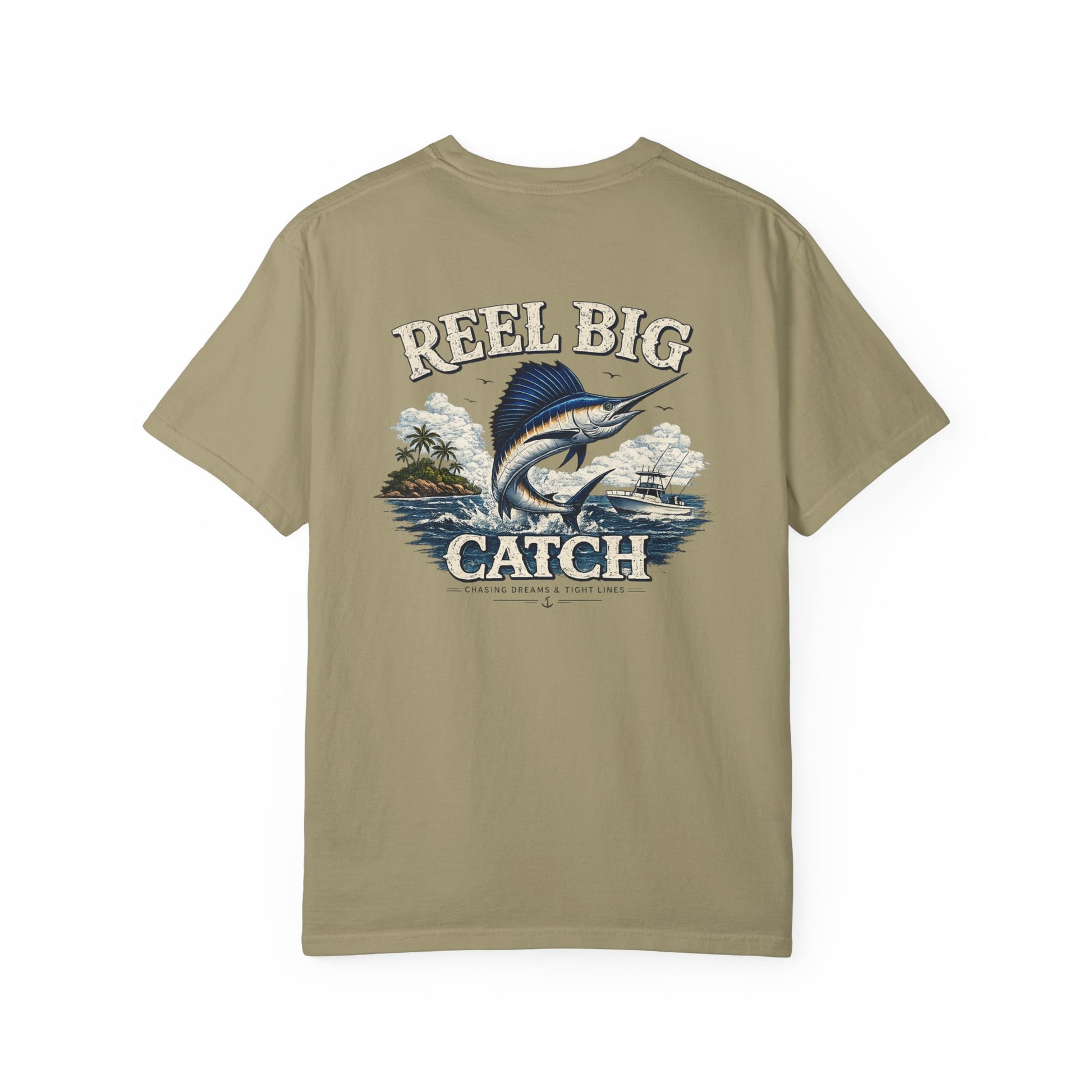 Khaki t-shirt with 'Reel Big Catch' graphic design on a white background