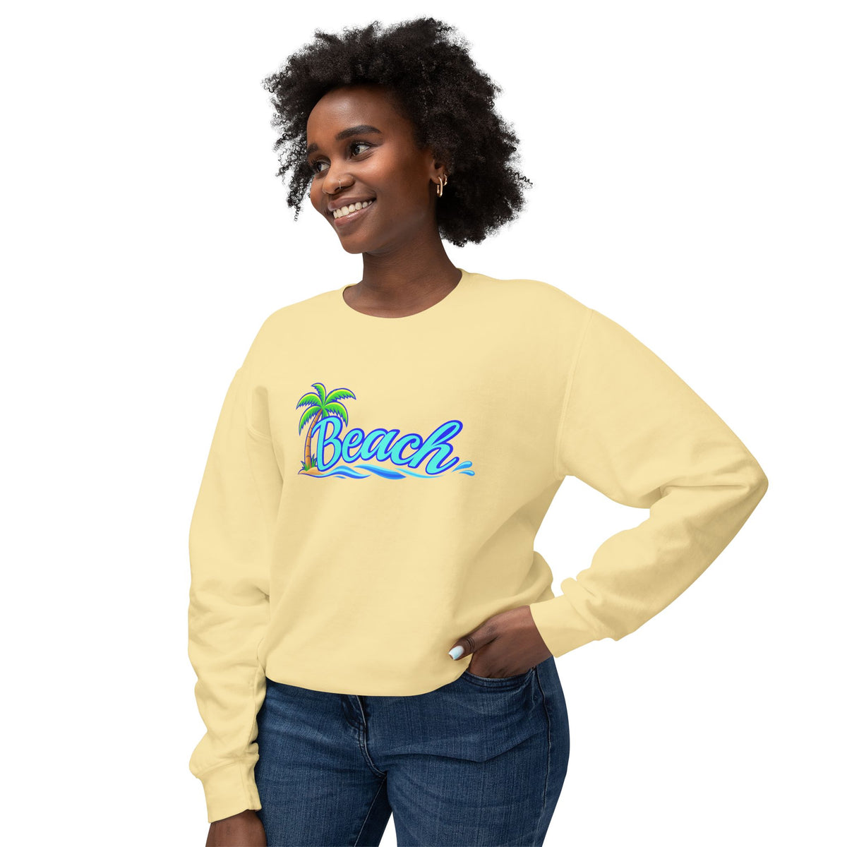 Beach Graphic Crewneck Sweatshirt — Palm Tree Retro Surf Vibe