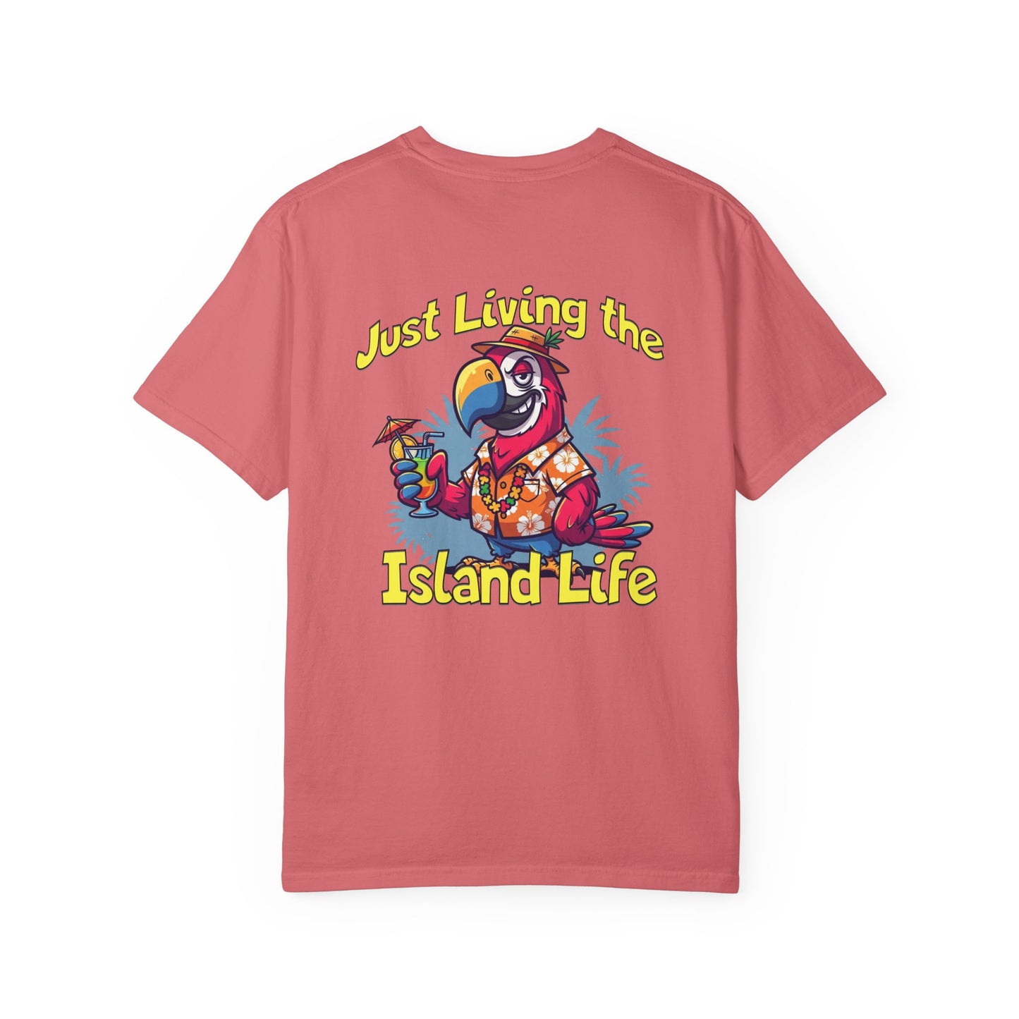Pink t-shirt with a parrot graphic and 'Just Living the Island Life' text on a white background