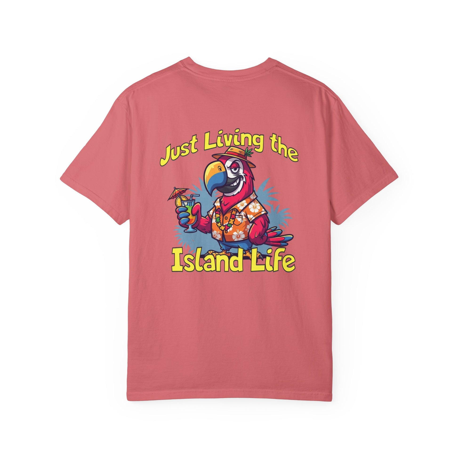 Pink t-shirt with a parrot graphic and 'Just Living the Island Life' text on a white background