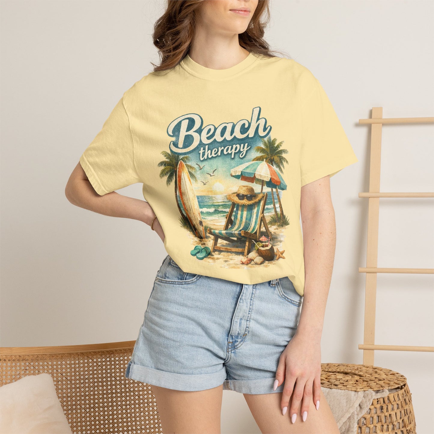 Beach Therapy T-Shirt — Vintage Surf Chair & Palm Graphic