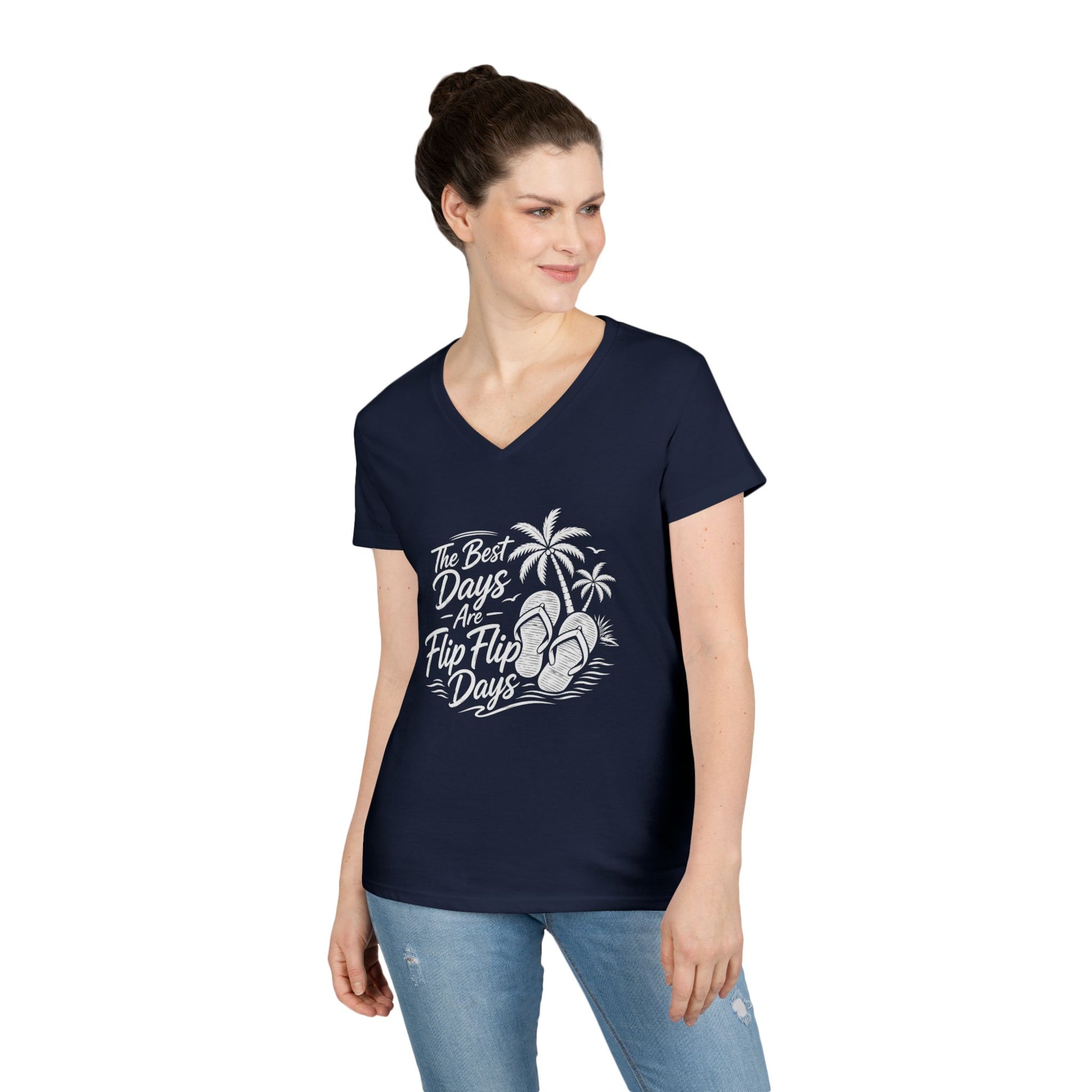 Dark navy V-neck graphic T-shirt with flip-flop design and beach-style text.