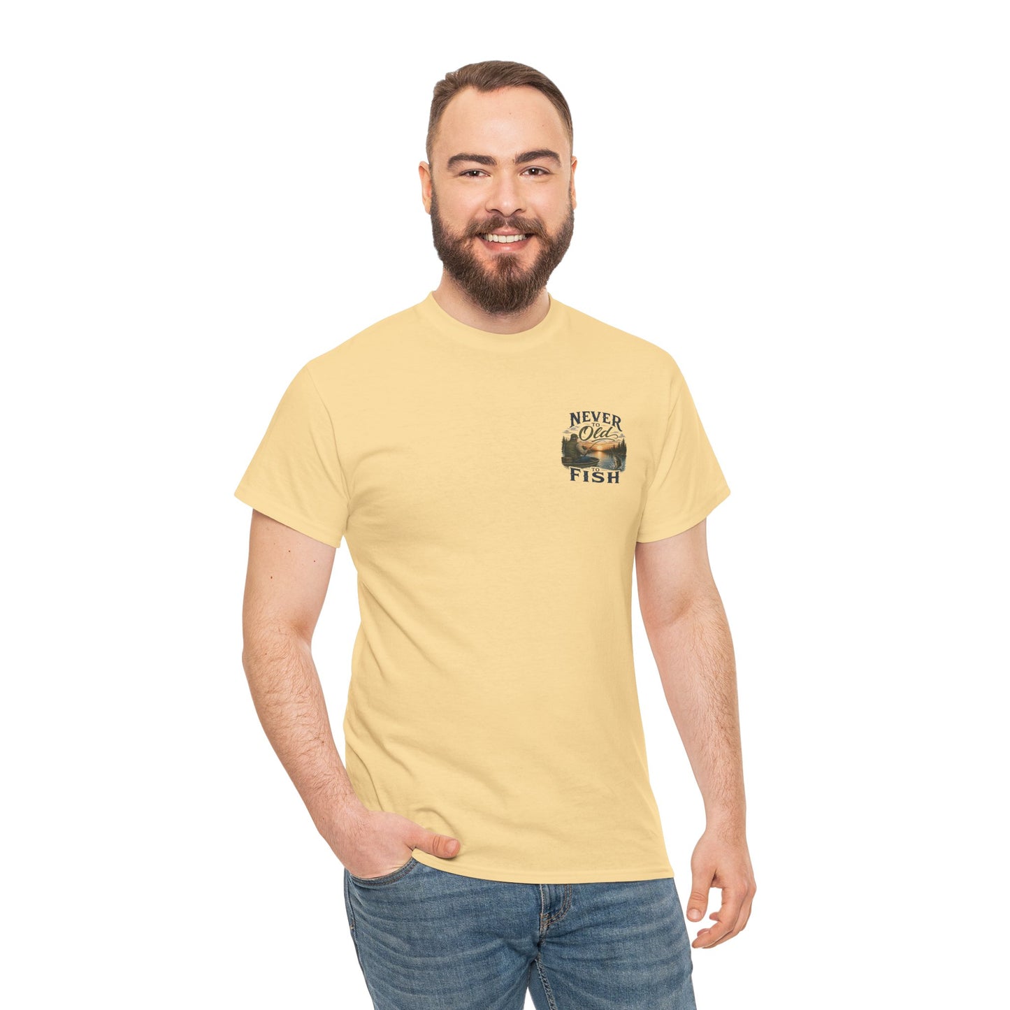 T-Shirt — "Never Too Old to Fish" Fishing Tee (Sunset Lake Design)