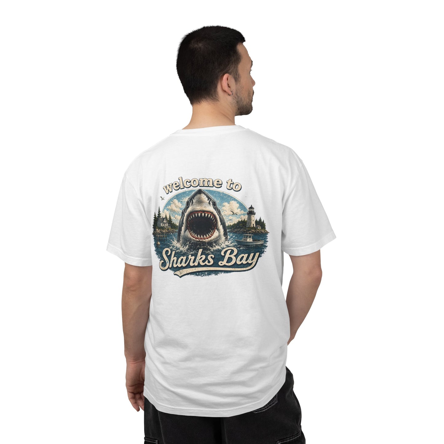 Sharks Bay T-Shirt — "Welcome to Sharks Bay" Vintage Shark Graphic Tee
