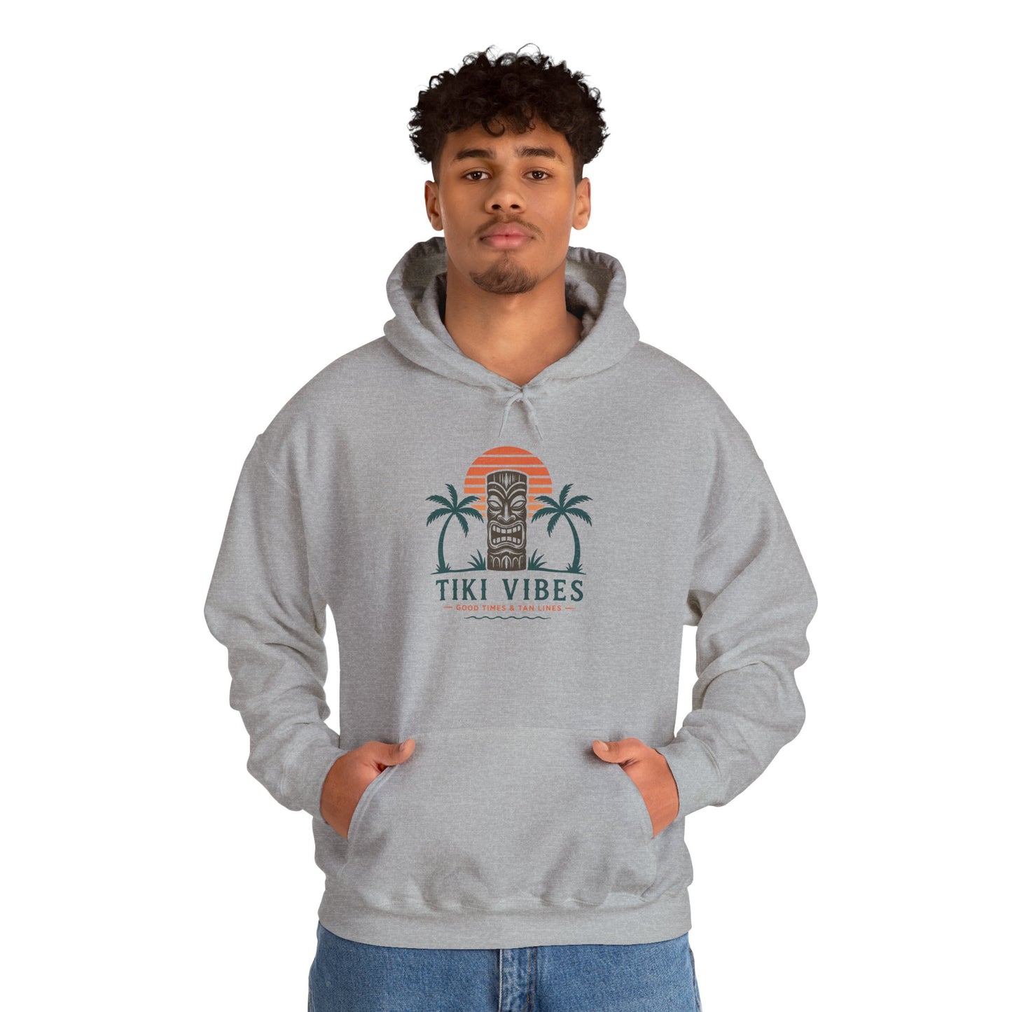 Tiki Vibes Hoodie — Retro Sunset Palm Tree Sweatshirt