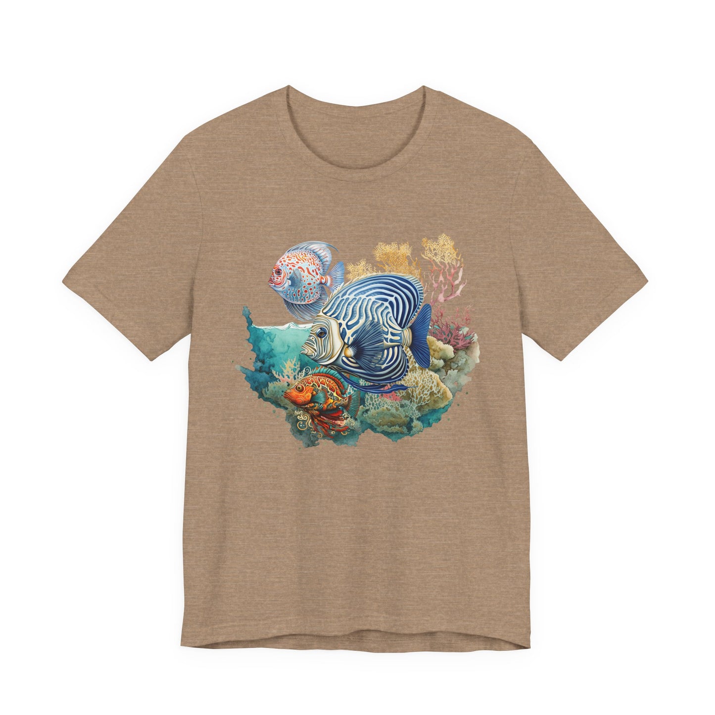 Brown t-shirt with an underwater scene design featuring fish and coral on a white background by Caribbean Rays