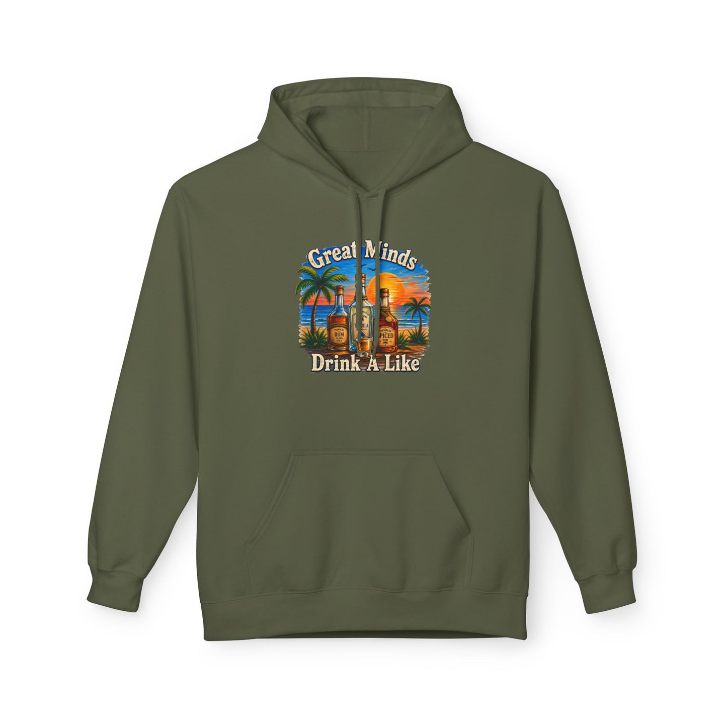 Great Minds Drink Alike Hoodie — Tropical Sunset Palm Beach Graphic Sweatshirt