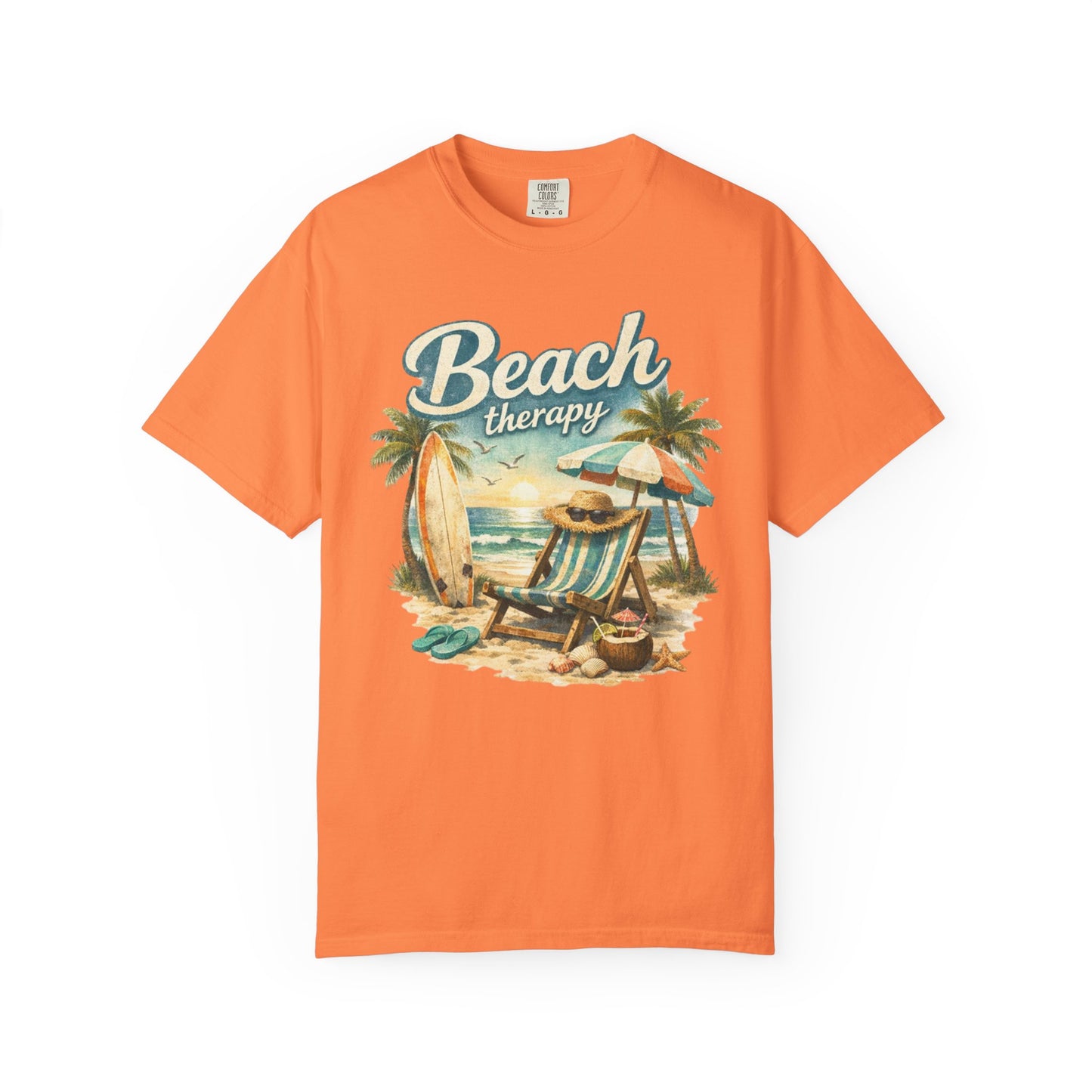 Orange t-shirt with 'Beach Therapy' graphic design featuring a beach scene.