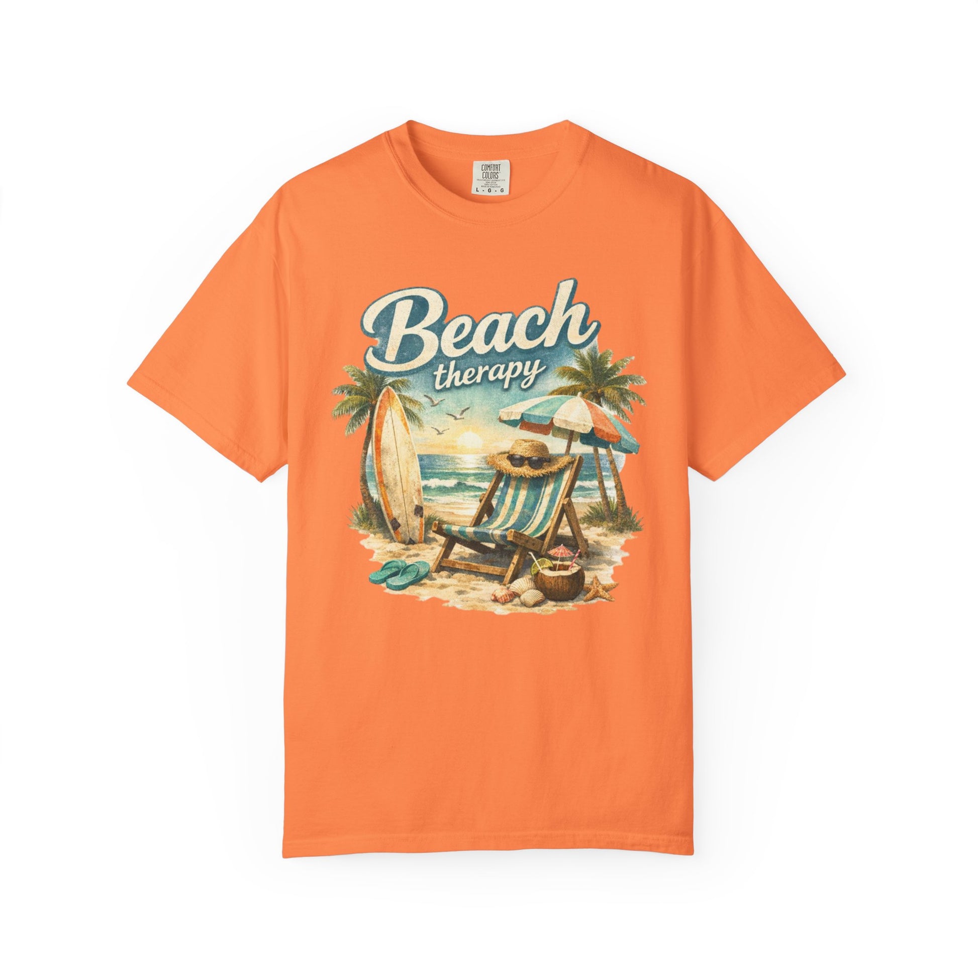 Orange t-shirt with 'Beach Therapy' graphic design featuring a beach scene.