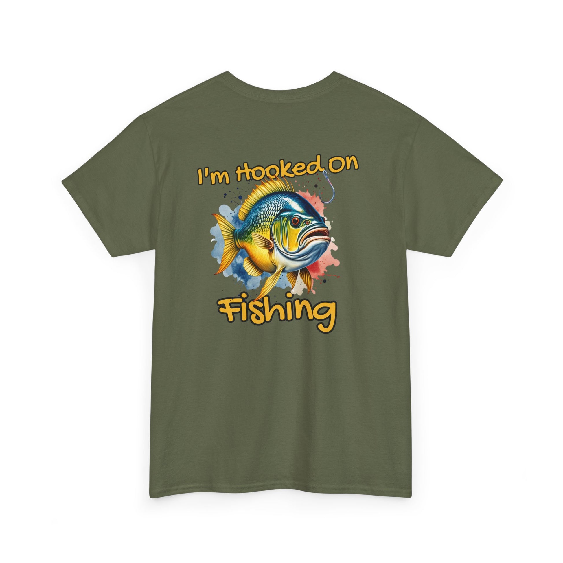 Green t-shirt with a fish graphic and text 'I'm Hooked on Fishing' on a white background
