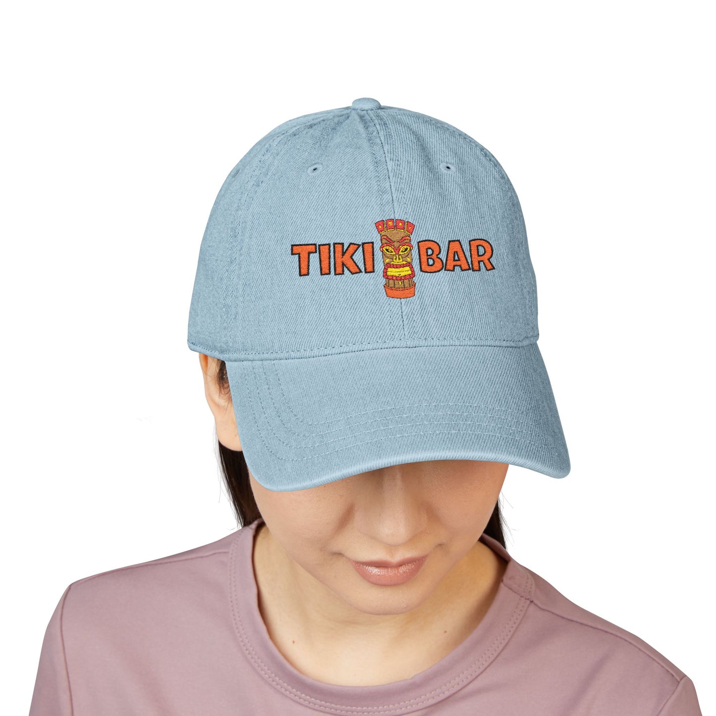 Tiki Bar Embroidered Hat — Vintage Tiki Totem Denim Baseball Cap