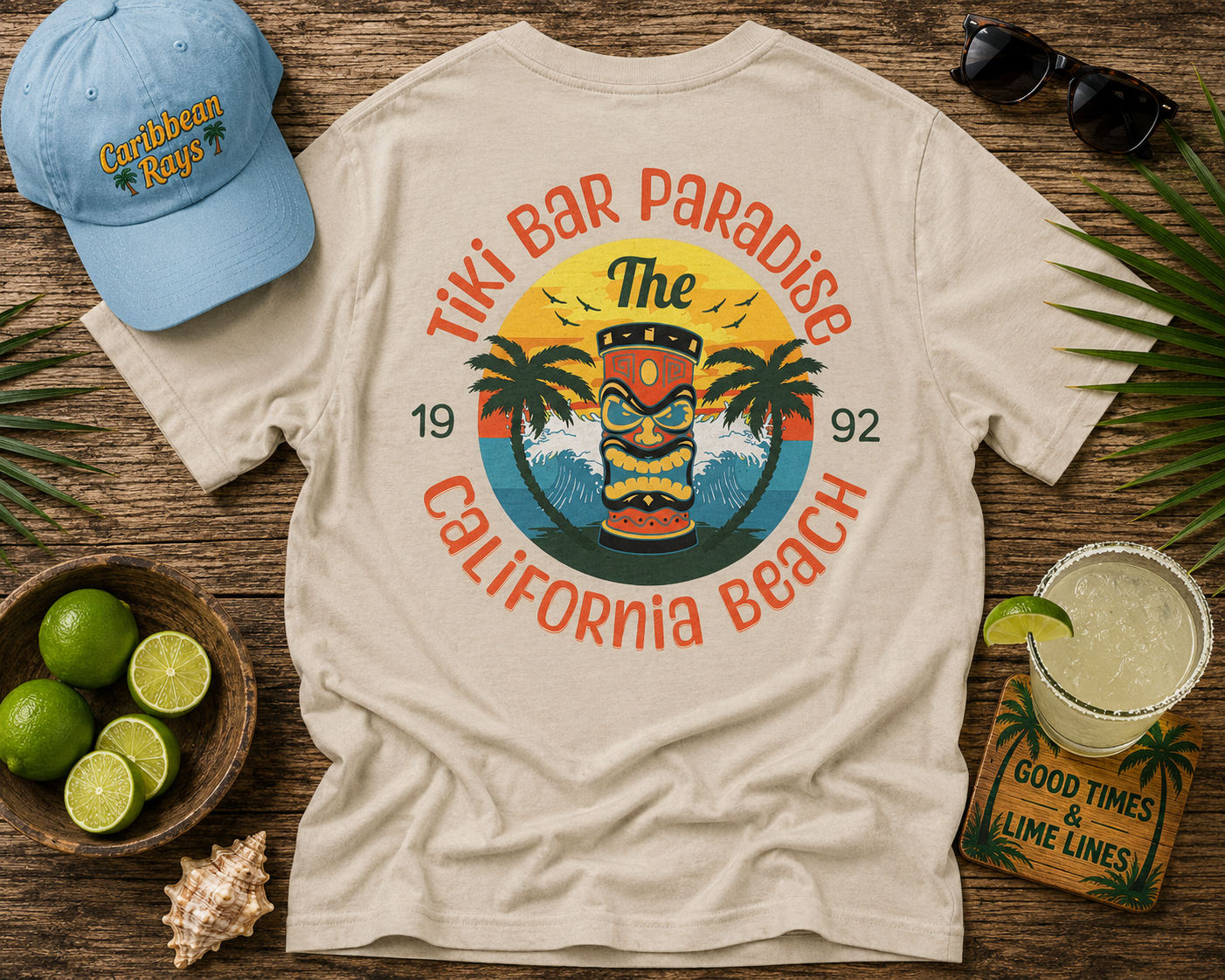 Beige t-shirt with 'Tiki Bar Paradise California Beach' design, blue cap, bowl of limes, and drink on a wooden surface.