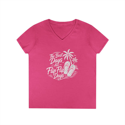 Women’s v-neck t-shirt in hot pink with beach graphic of flip flops and palms