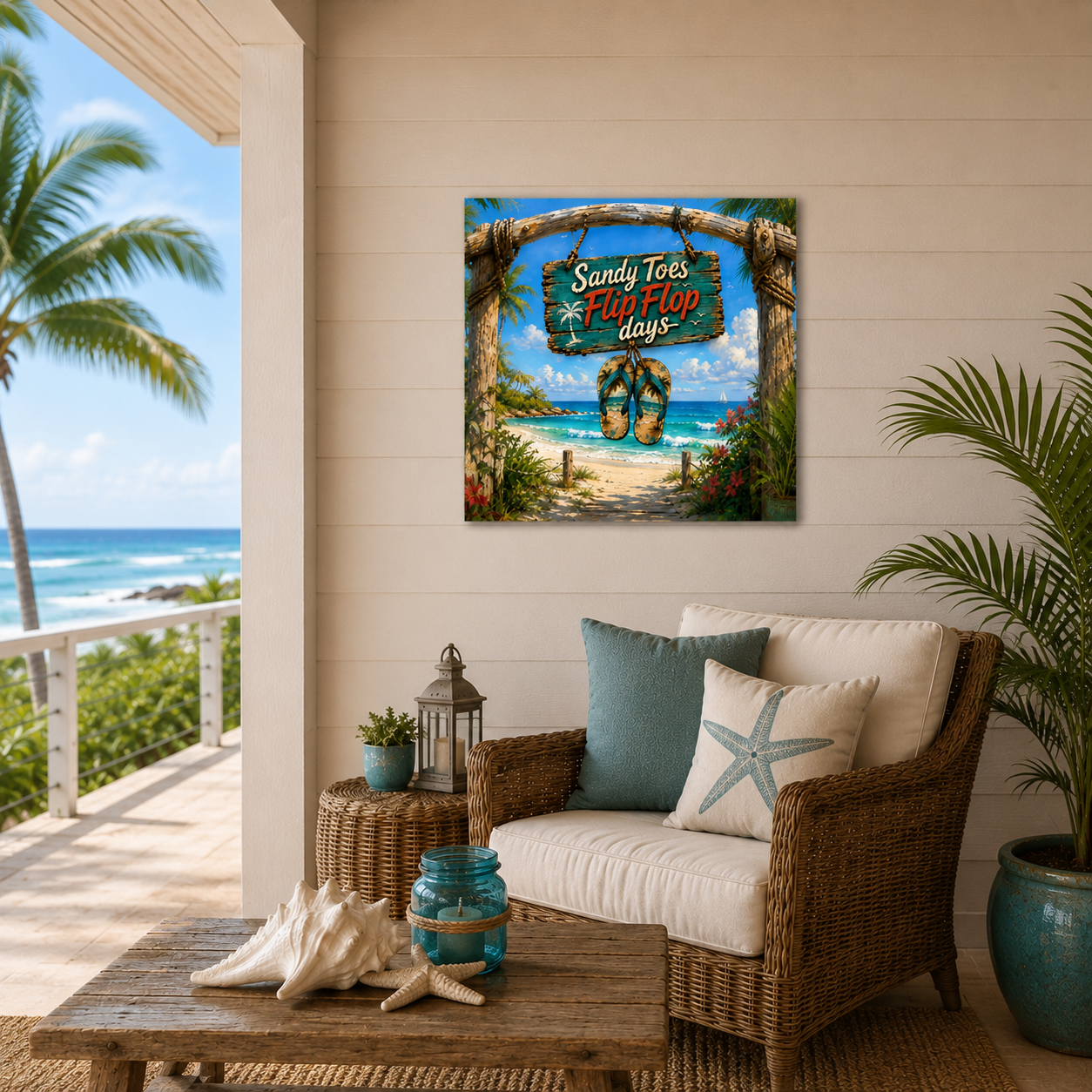 Tropical beach scene with 'Sandy Toes Flip Flop Days' sign on a wall above a couch.