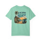Mint green t-shirt with beach graphic and text on a white background