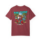 Maroon t-shirt with 'Tiki Time' design featuring a parrot and palm trees on a white background.