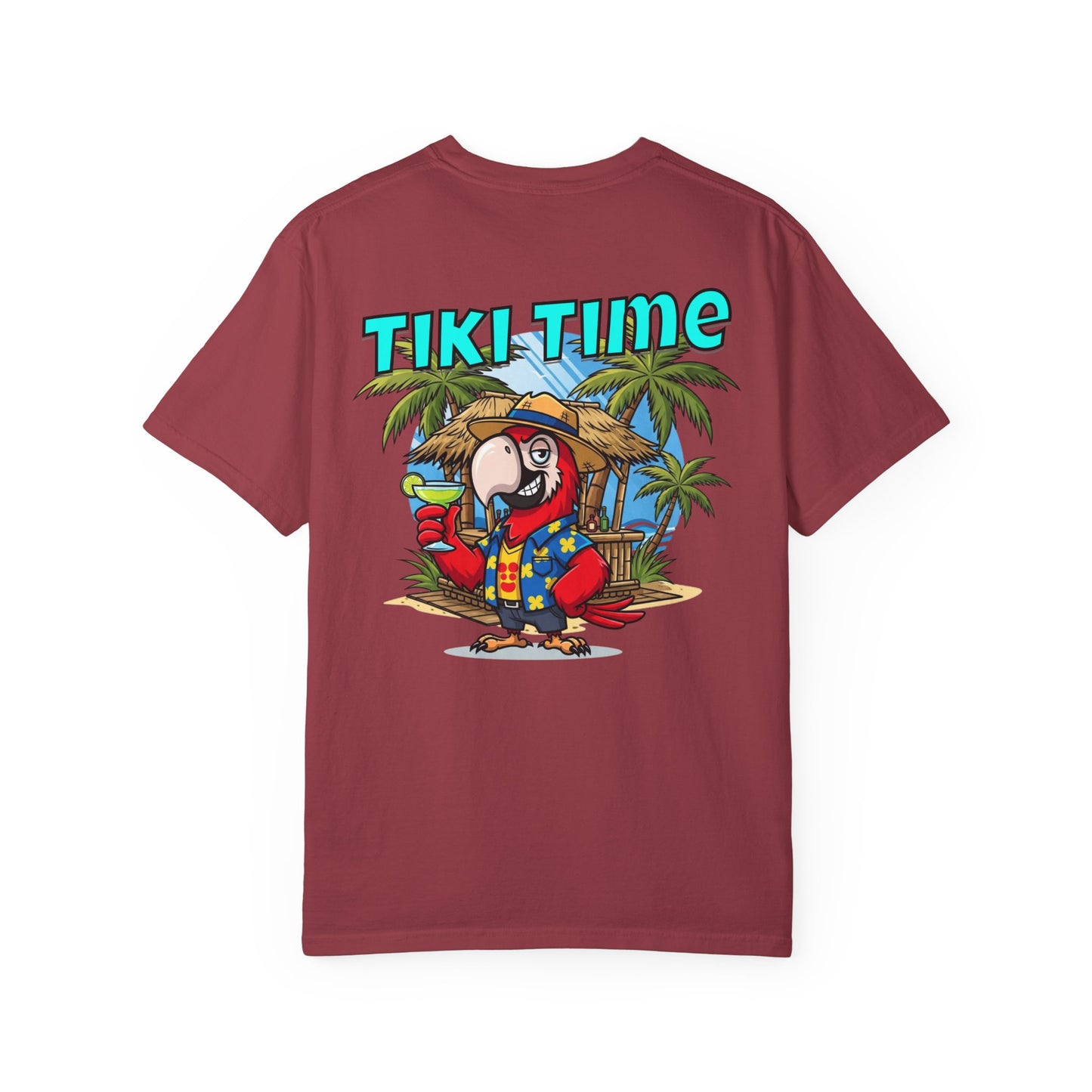 Maroon t-shirt with 'Tiki Time' design featuring a parrot and palm trees on a white background.