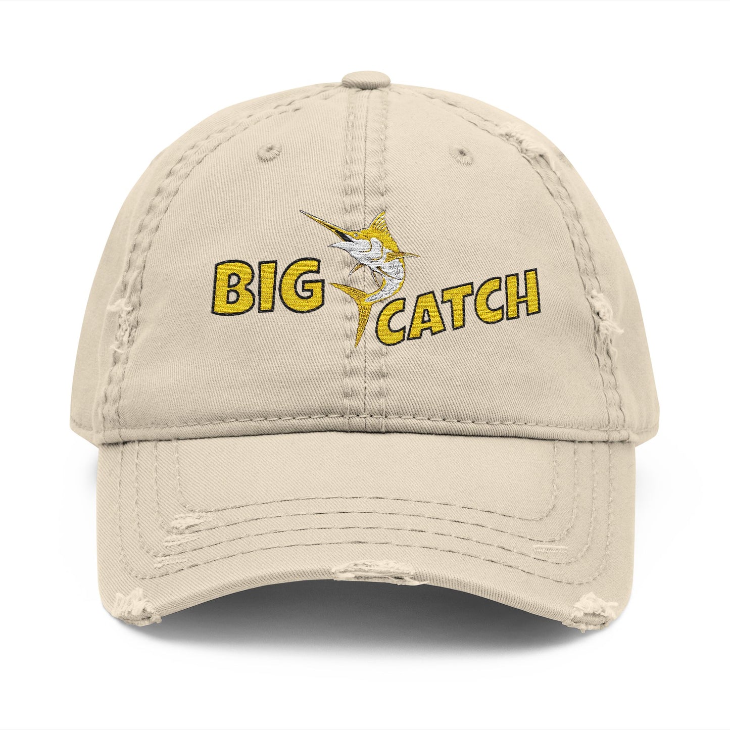 Beige cap with 'BIG CATCH' text and fish graphic on a white background