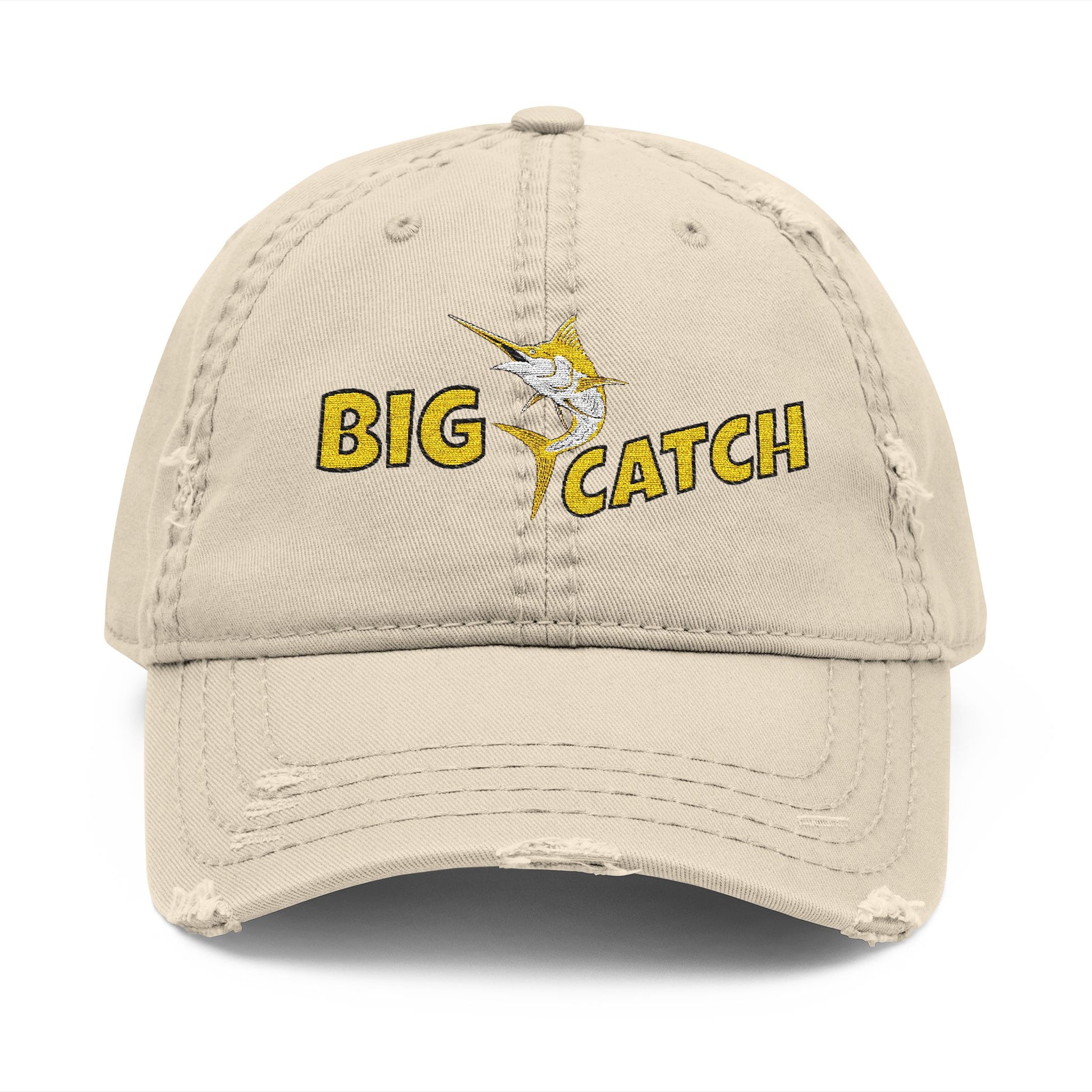 Beige cap with 'BIG CATCH' text and fish graphic on a white background