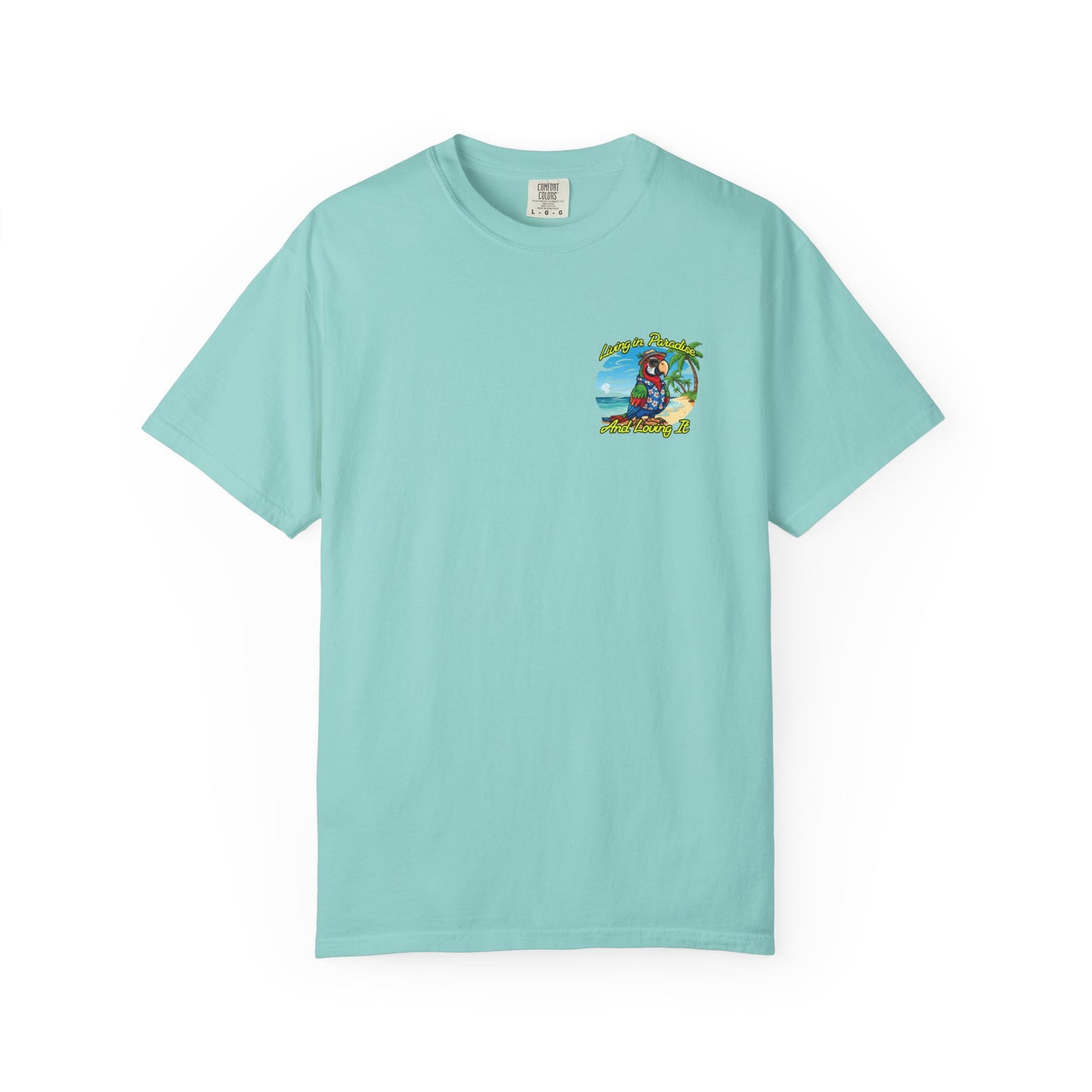 Light blue t-shirt with a graphic design on a white background