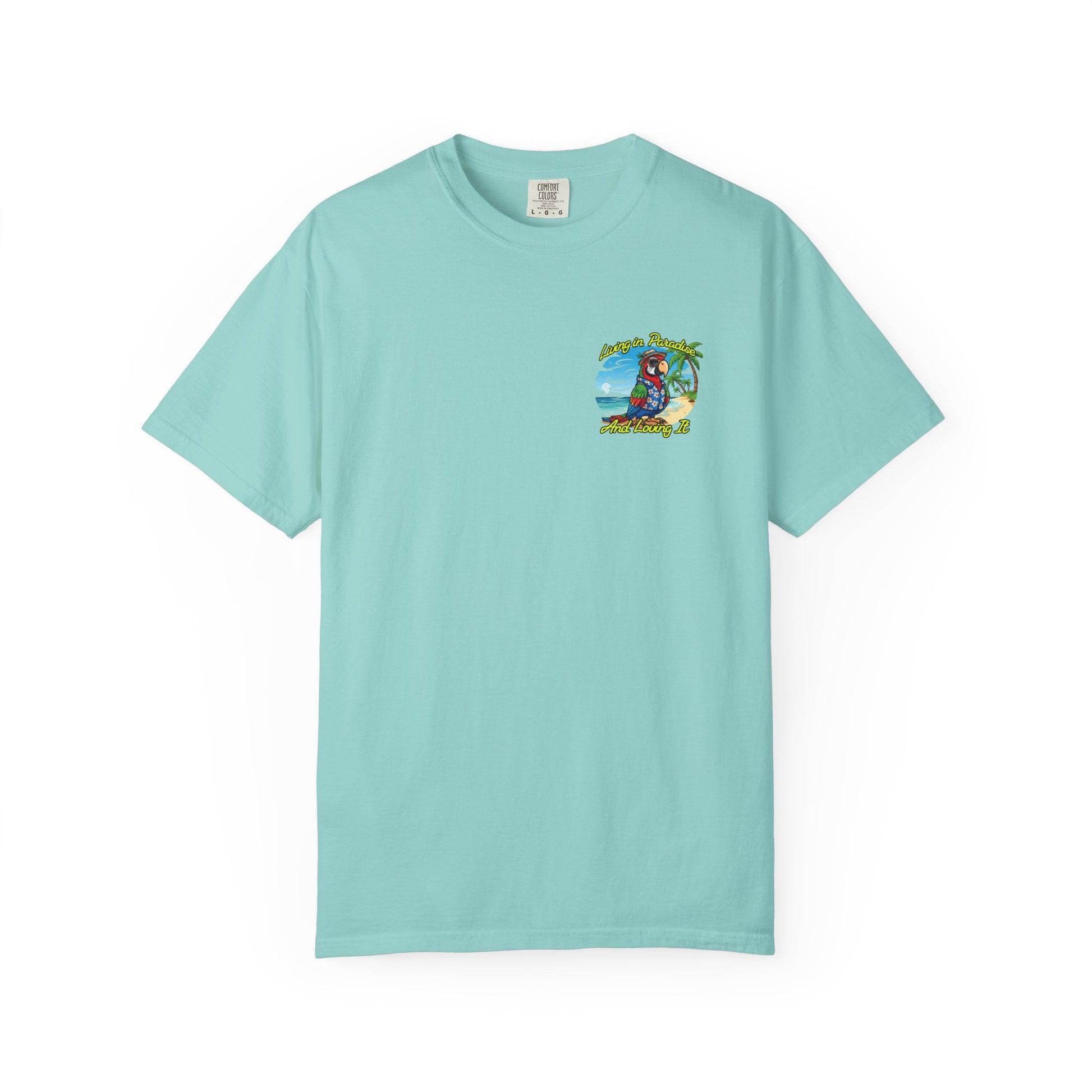 Light blue t-shirt with a graphic design on a white background