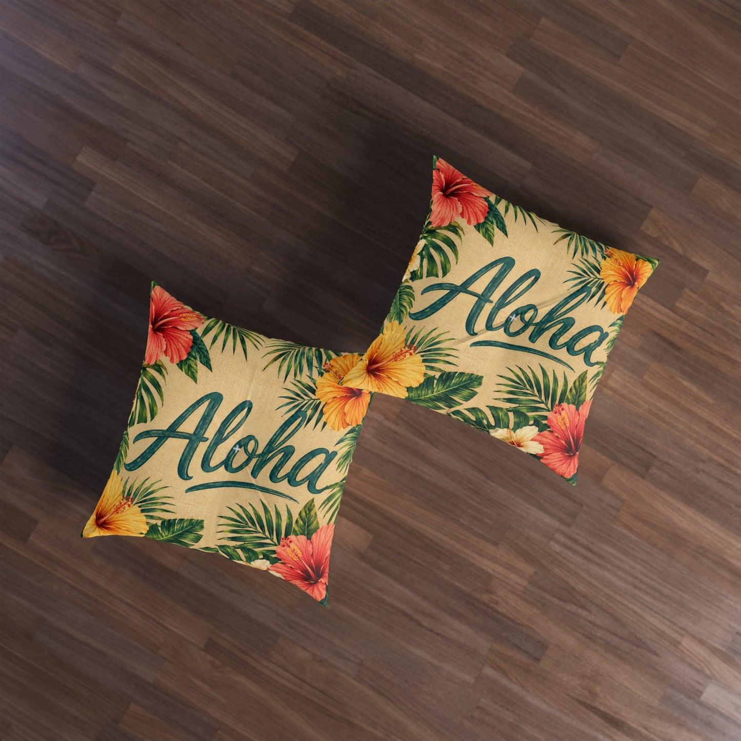 Set of square tufted floor pillows with Aloha script, hibiscus flowers, and palm leaf pattern