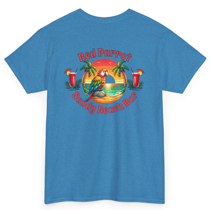 Red Parrot Sandy Beach Bar Unisex Casual Wear T-shirt on Caribbean Rays