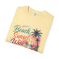 Beach Sunset Wine T-Shirt — "Beach, Sunset, Wine, Perfect Day" Tropical Graphic Tee