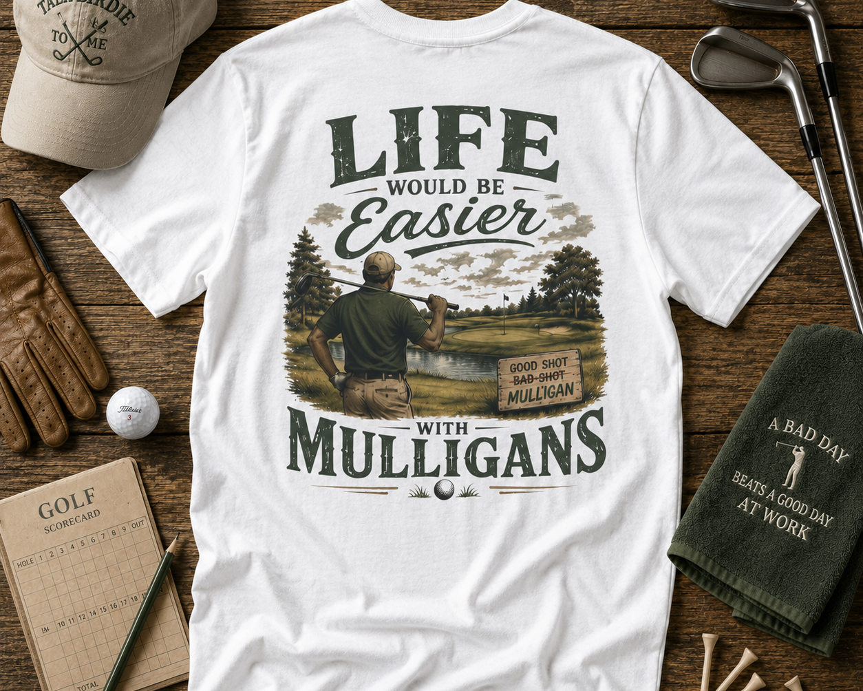 White t-shirt with golf-themed graphic and text on a wooden surface with golf accessories.