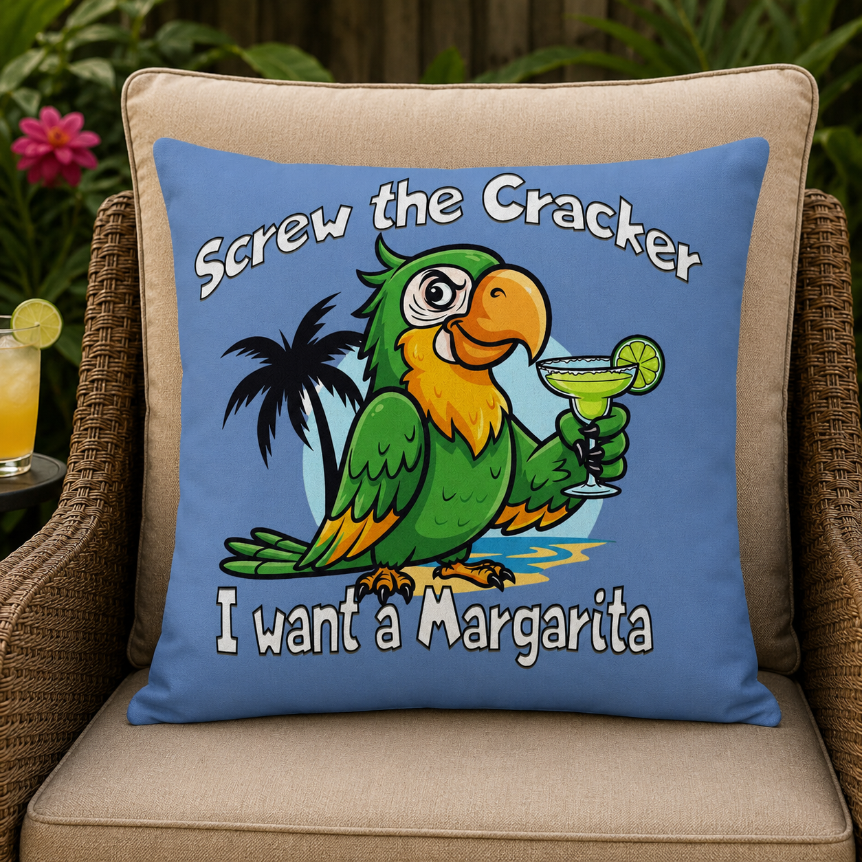 Outdoor Pillow — 'Screw the Cracker, I Want a Margarita' Parrot Beach Throw Pillow