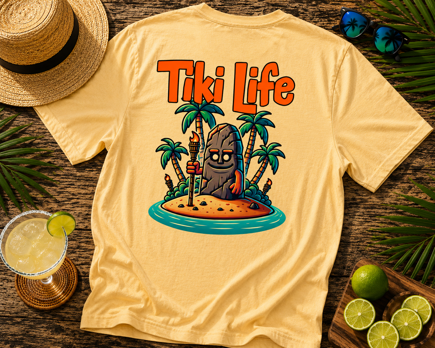 Beige t-shirt with 'Tiki Life' graphic design on a wooden surface with a hat, drink, and limes.