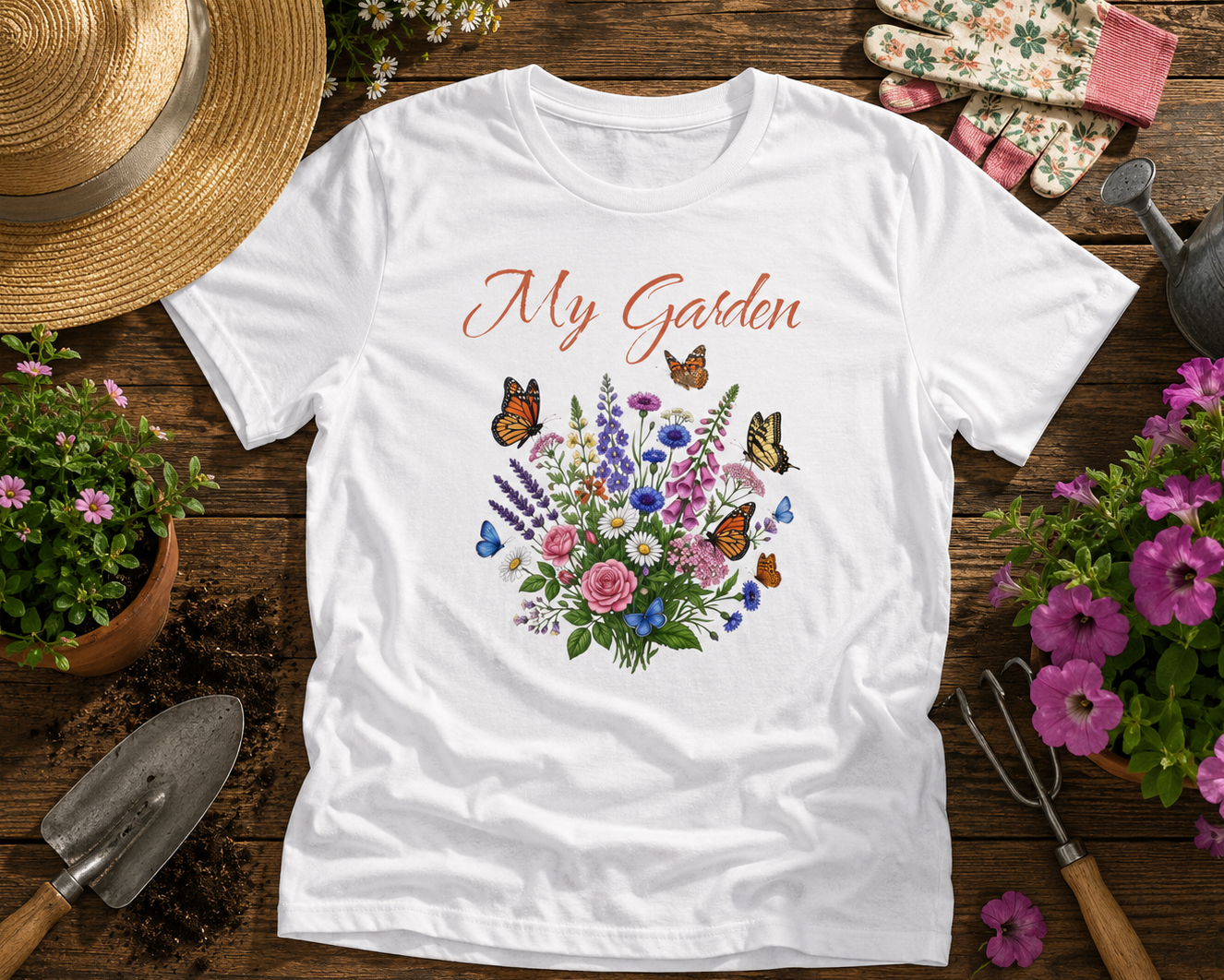 White t-shirt with floral design and 'My Garden' text on a wooden surface with gardening tools and plants.