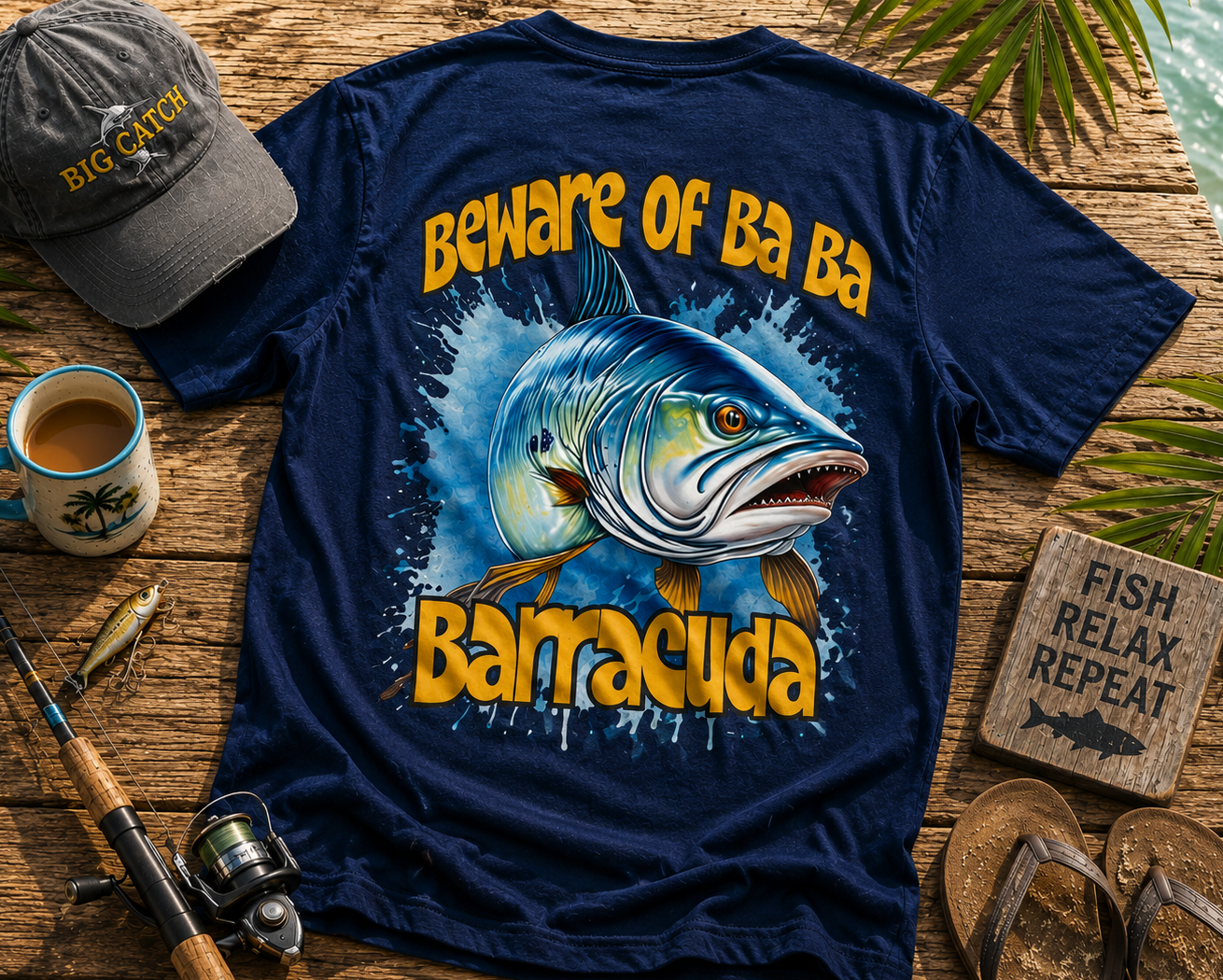 Navy blue t-shirt with fish graphic and text on a wooden surface with fishing gear and accessories.