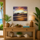 Nautical-themed decor with a sunset beach scene, books, and plants in a room.