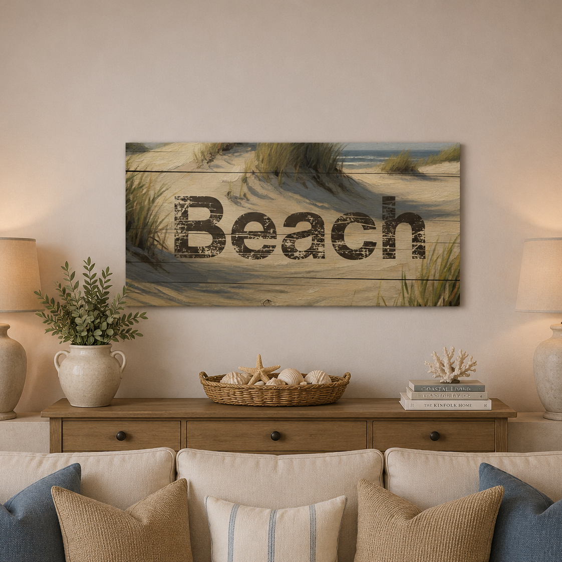 Living room with 'Beach' wall art above a wooden console table.