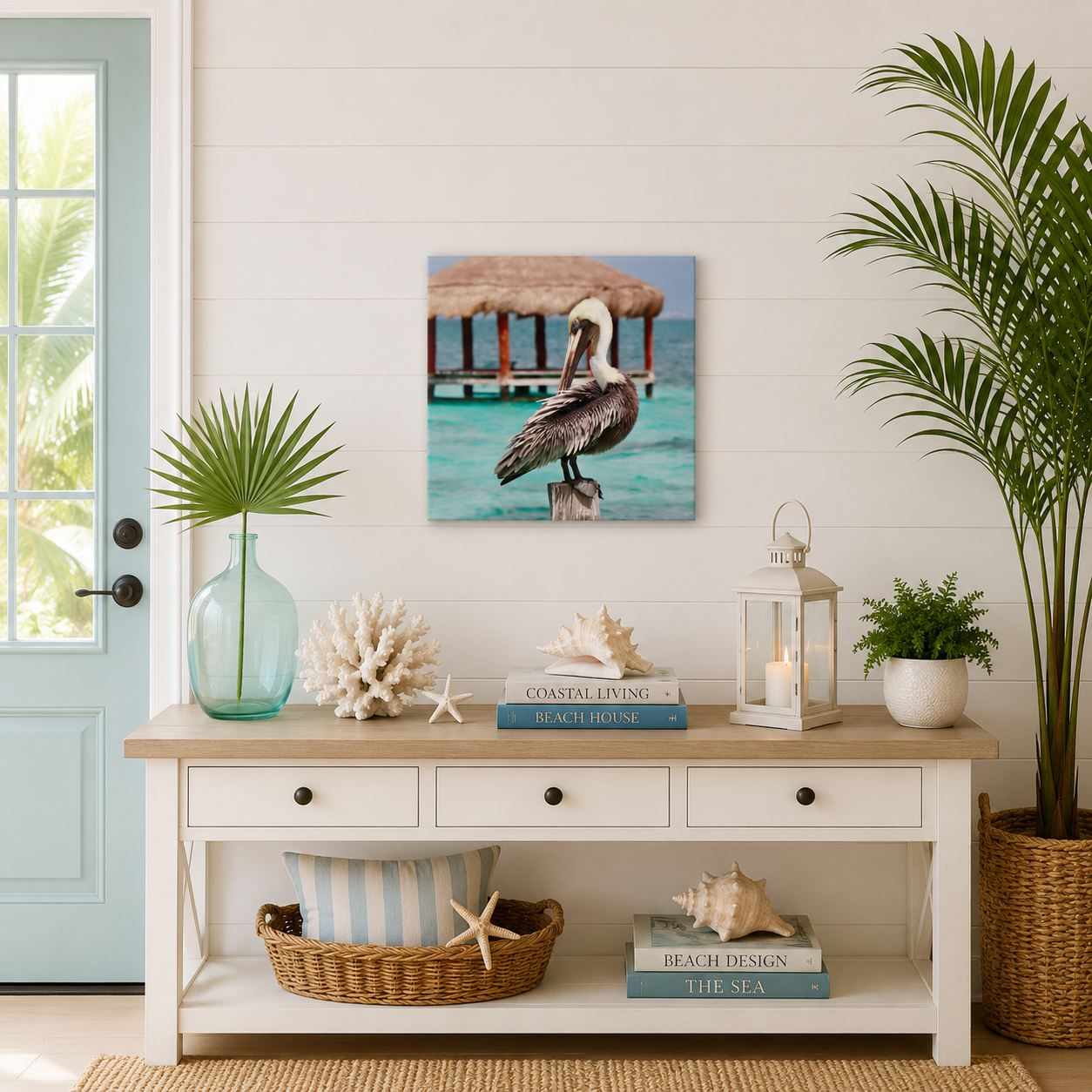 Nautical-themed interior with a console table, decorative items, and a beach-themed painting.