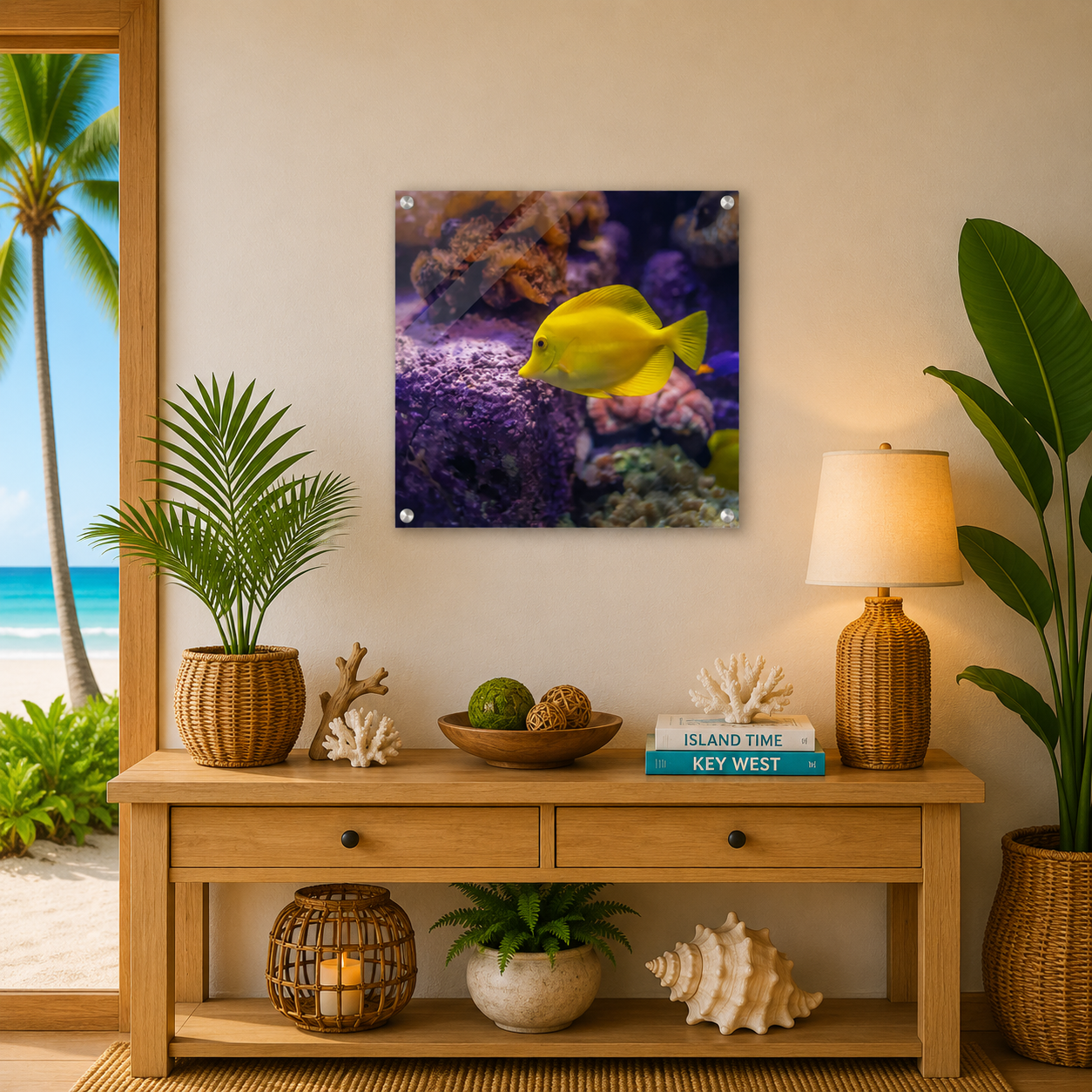 Decorative living room with a wooden console table, plants, and a framed aquarium picture.
