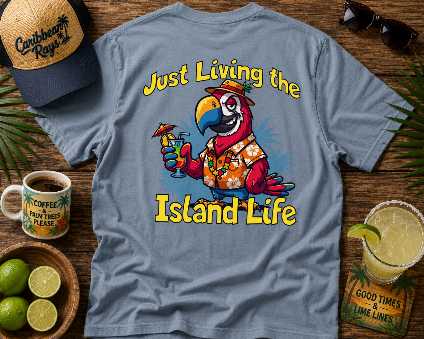 T-shirt with parrot graphic and 'Just Living the Island Life' text on a wooden surface with coffee, limes, and sunglasses.