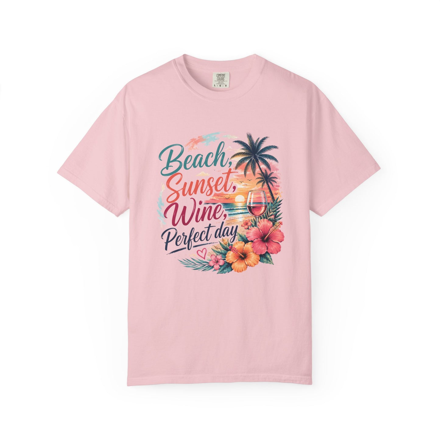 Beach Sunset Wine T-Shirt — "Beach, Sunset, Wine, Perfect Day" Tropical Graphic Tee