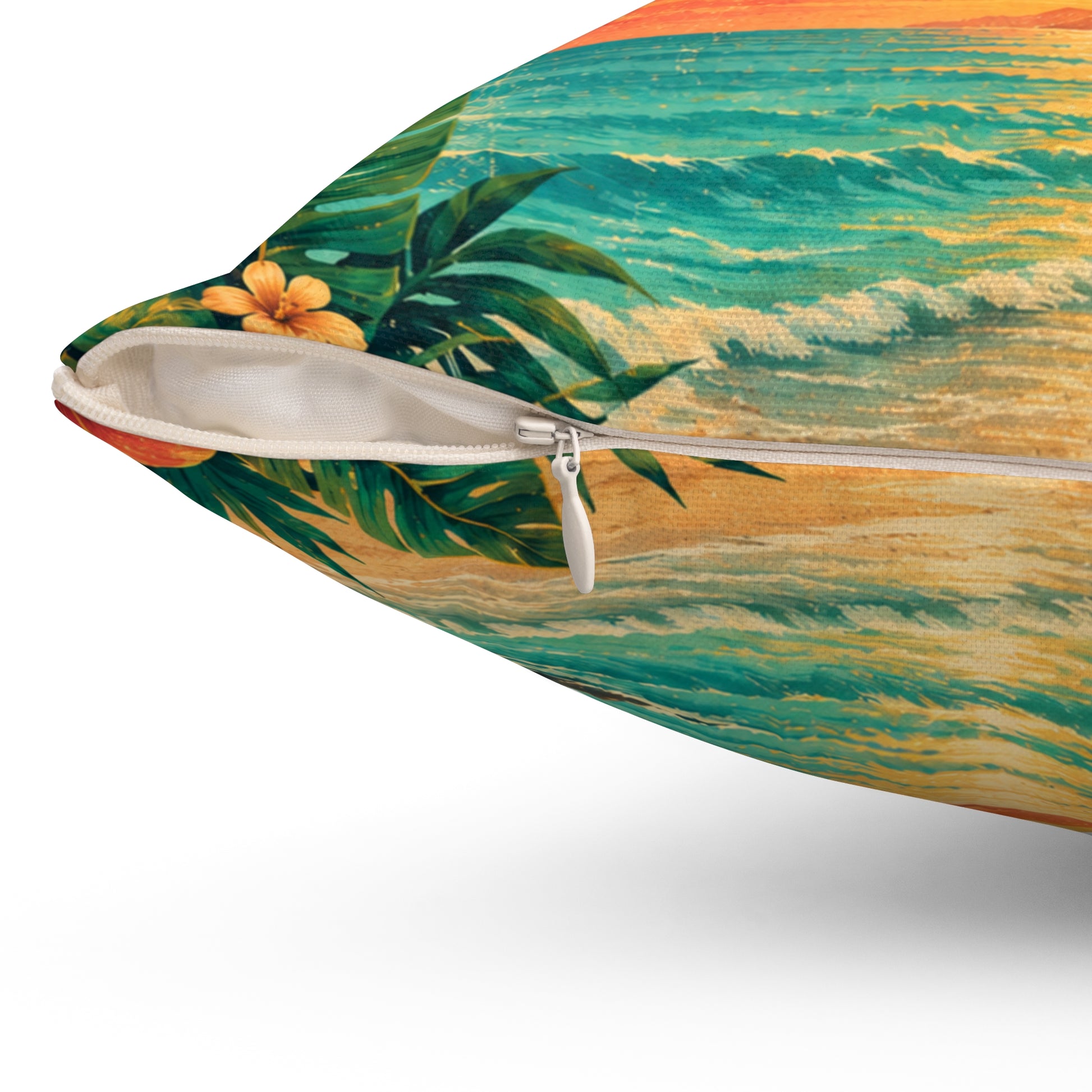 Tropical pillow cover corner with zipper, palm leaves and ocean scene