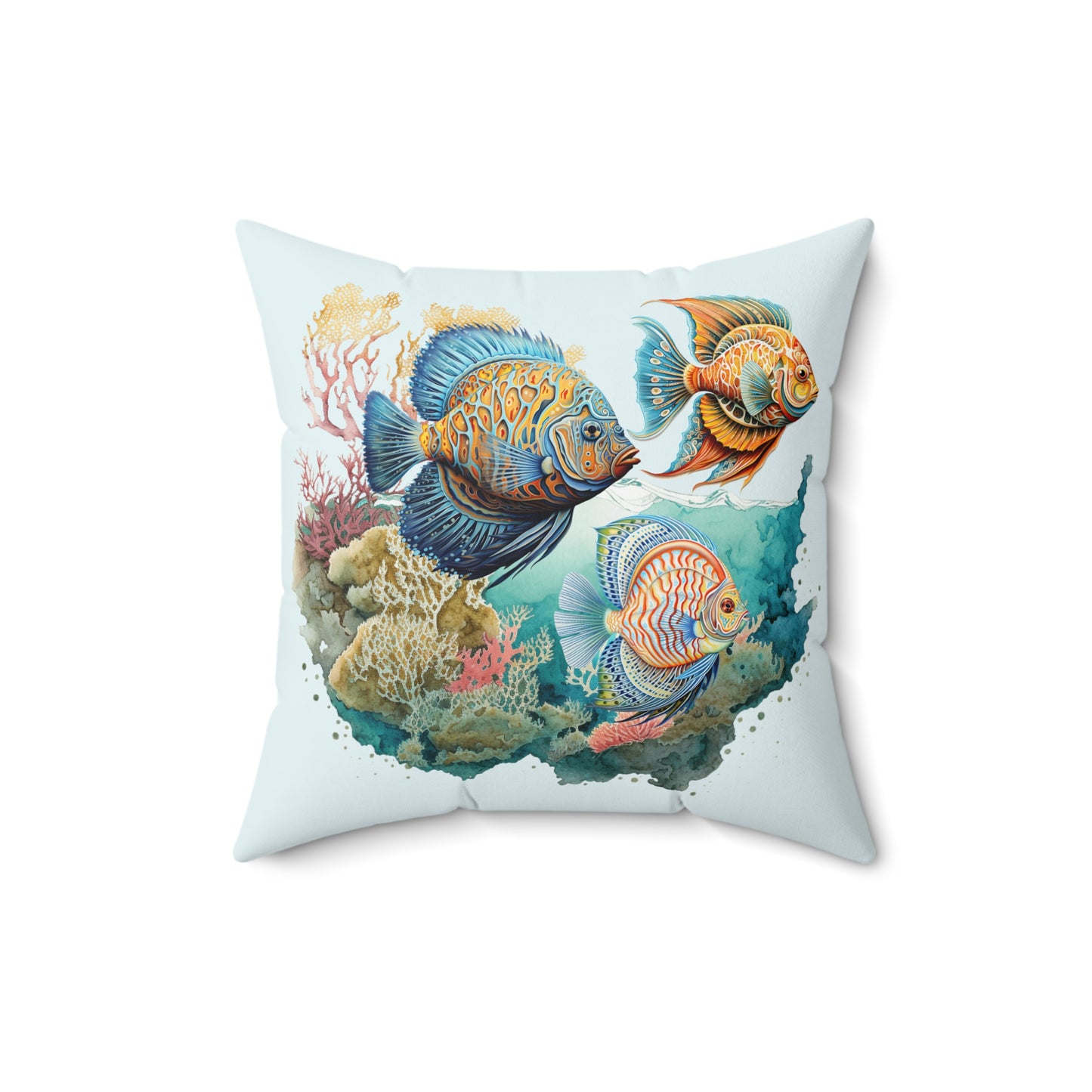 Trio Fish with Coral Left Spun Polyester Square Pillow at Caribbean Rays