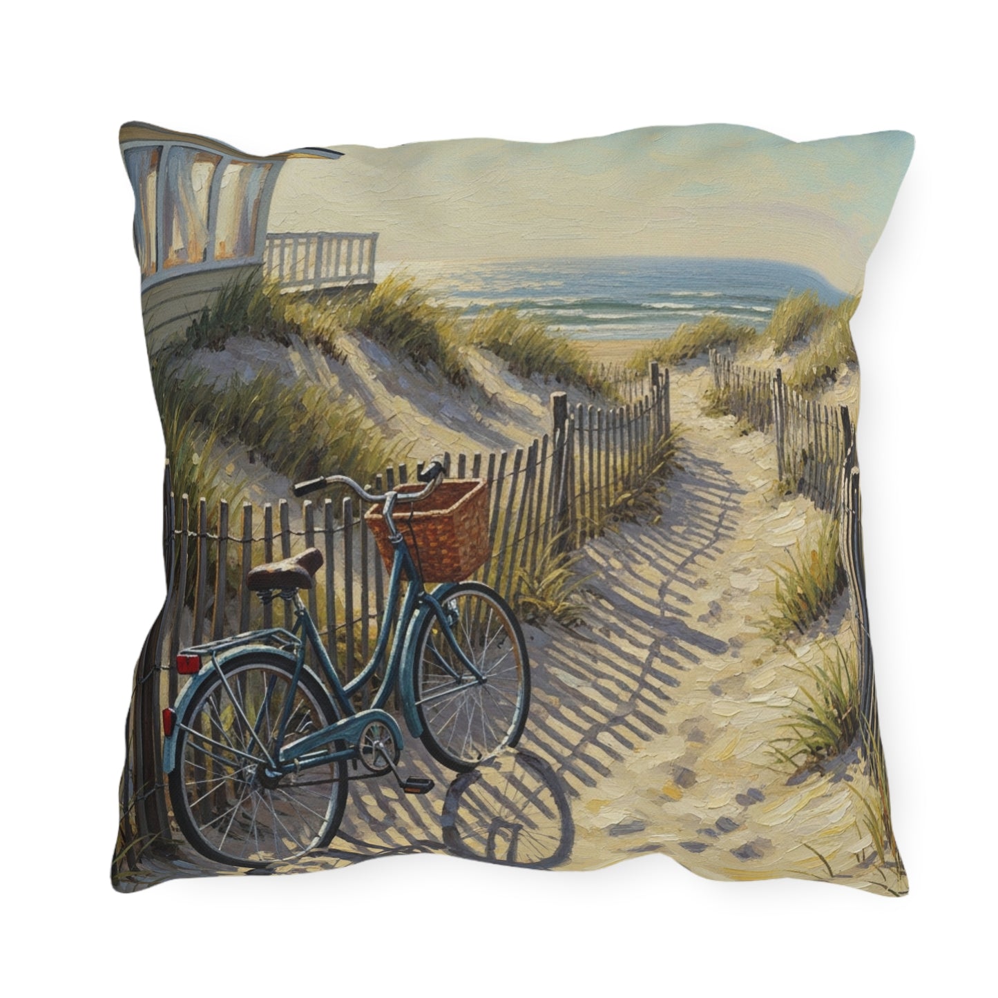 Coastal Path Bicycle Outdoor Pillow — Beach Dunes Sunset Accent Cushion
