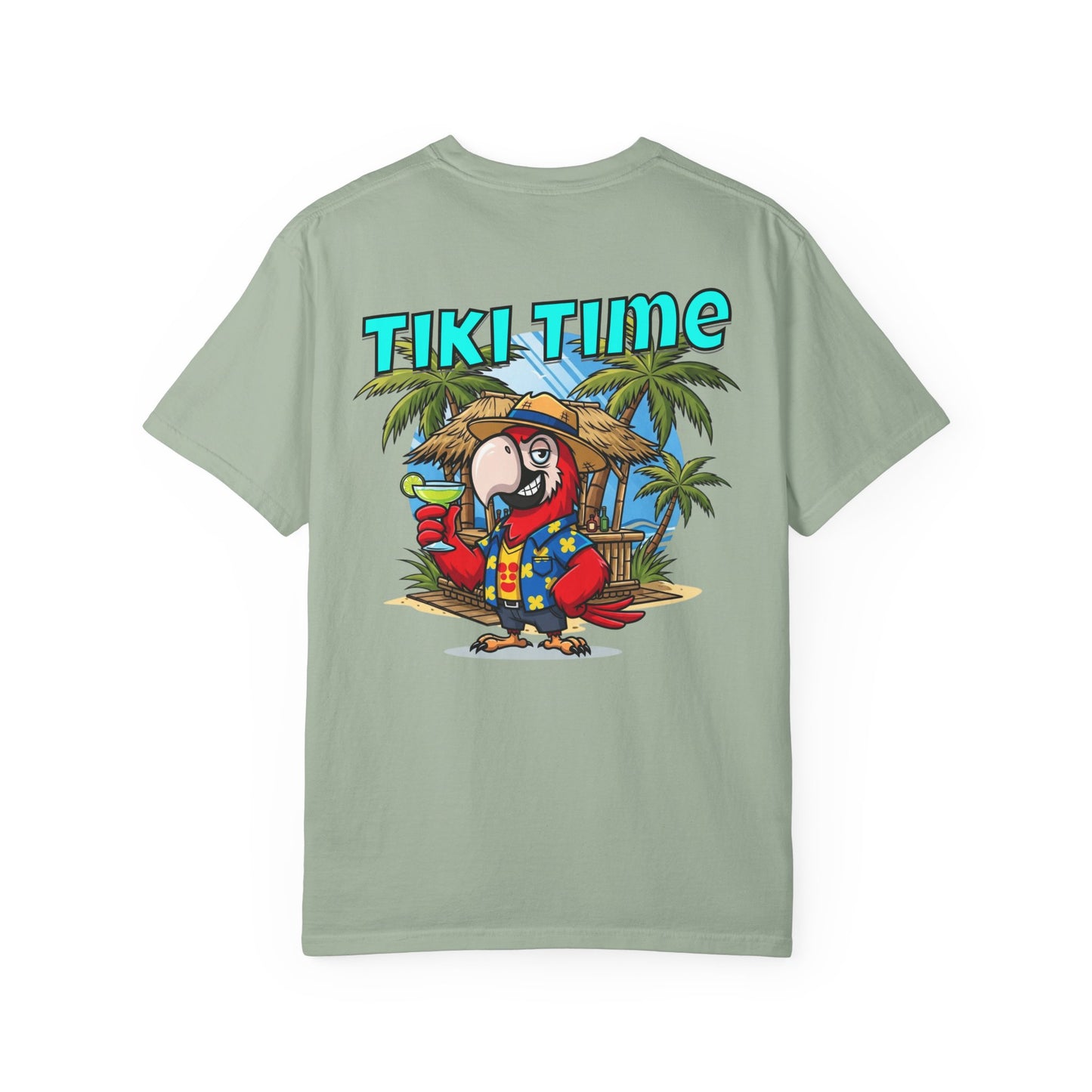 Light green t-shirt with a tropical parrot design and 'Tiki Time' text on a white background
