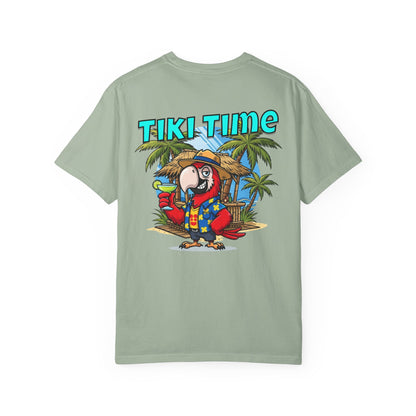 Light green t-shirt with a tropical parrot design and 'Tiki Time' text on a white background